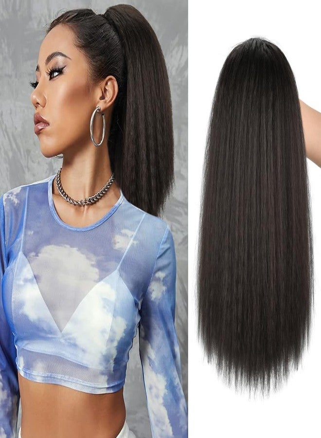 MODSIGHT Yaki Straight Ponytail Extension for Black Women, 14 Inch Black Brown Fluffy Thick Synthetic Yaki Ponytails, Drawstring Yaki Ponytail for Black Women Girls (Black Brown 2) - Image 1